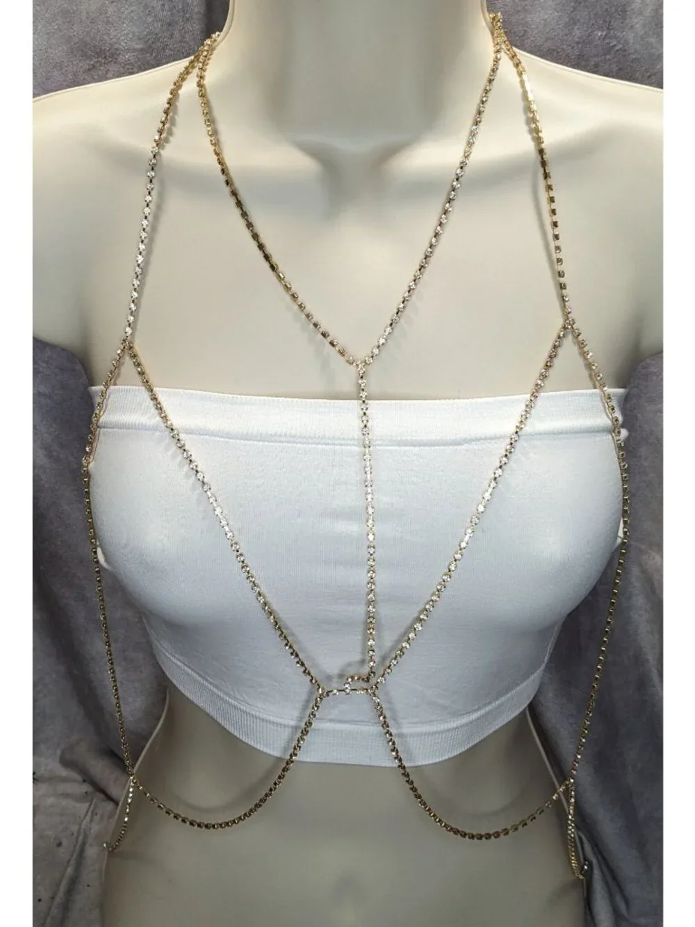 Gold Rhinestone Body Chain Dripping Layered Party Glam Jewelry - Picture 2 of 2